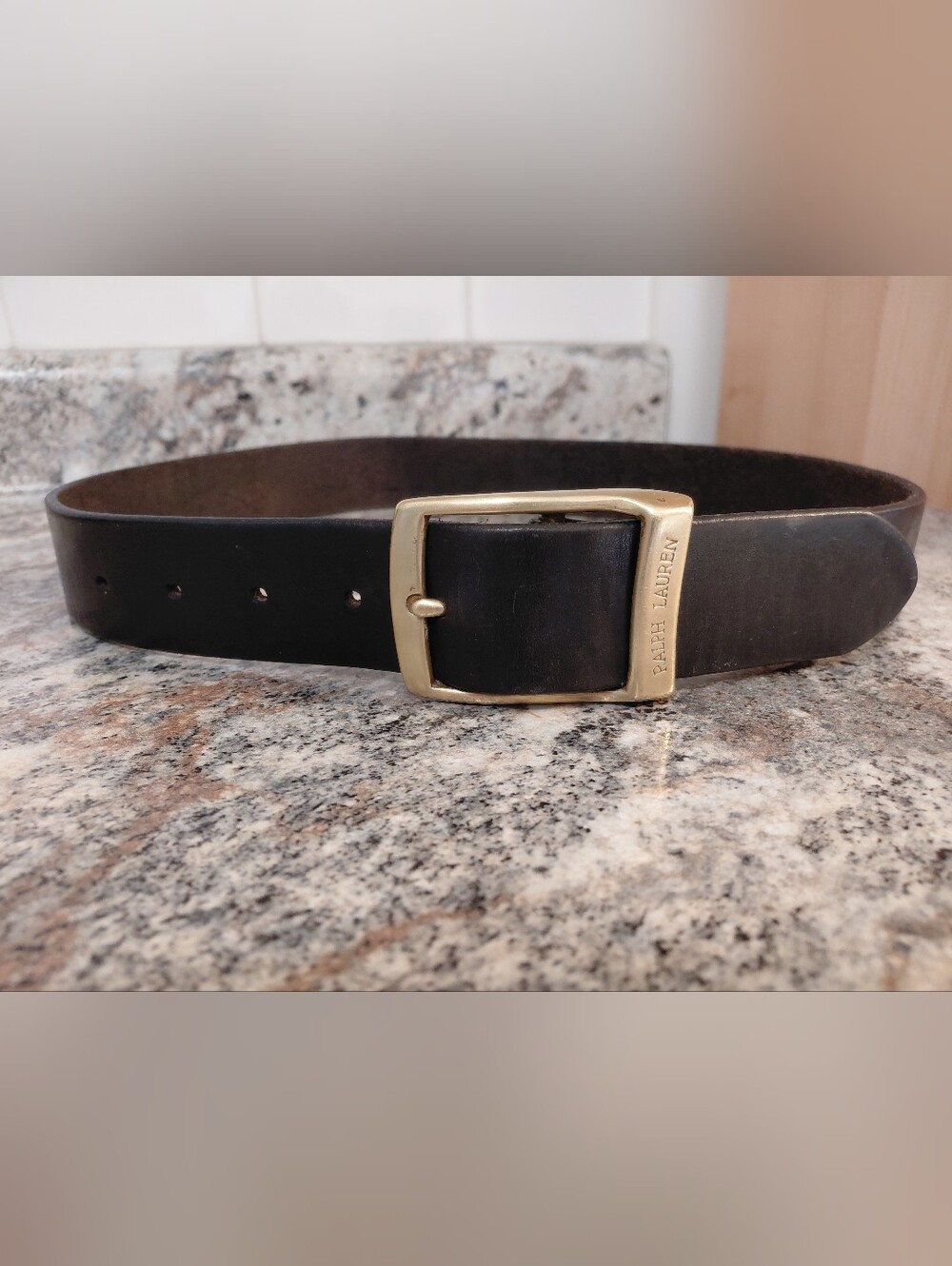 Ralph Lauren Men’s Black Leather Belt with Brass Buckle
